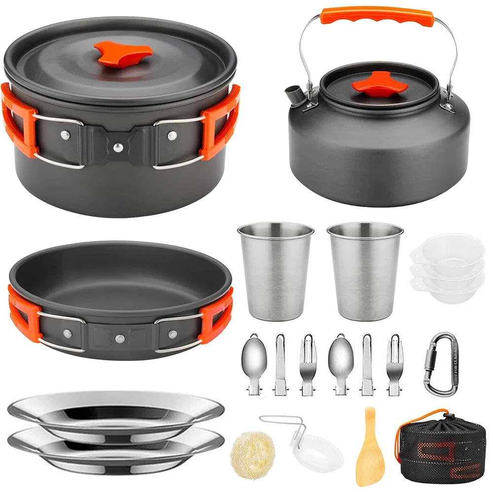 Camping Cookware Mess Kit, Lightweight Pot Pan Kettle Set with Cups Plates Forks Knives Spoons.
