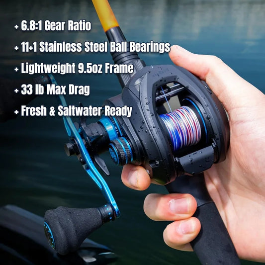 ProSpin Baitcasting Fishing Reel with Aluminum Frame and 6.8:1 Gear Ratio for Enhanced Casting Precision and Smooth Retrieval.