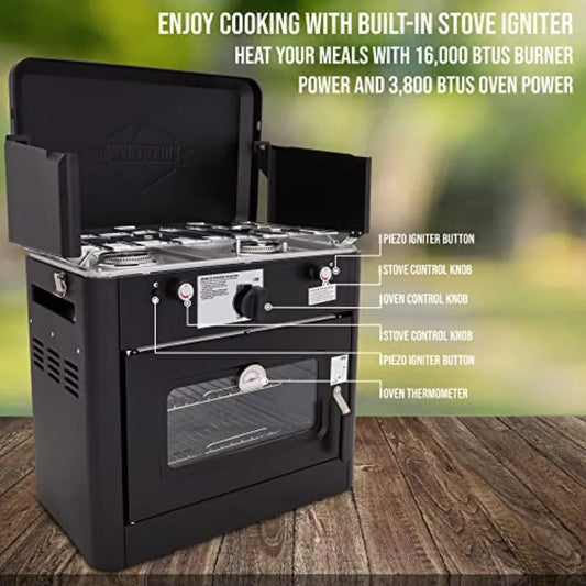 Outdoor Gas Camping Oven w/Carry Bag CSA Approved Portable Propane-Powered 2-Burner Stove with Auto Ignition and Overheat Safety.