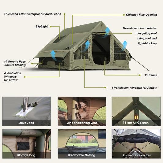 Army Green Waterproof Windproof Inflatable Tent for Camping,4 Season Air Glamping Tent House with Chimney Opening,AC Vent.