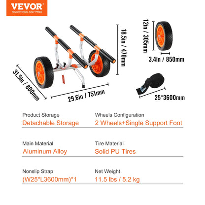 SucceBuy 450lbs Kayak Cart Detachable Canoe Trolley Cart with 12'' Solid Tire with Adjustable Width.