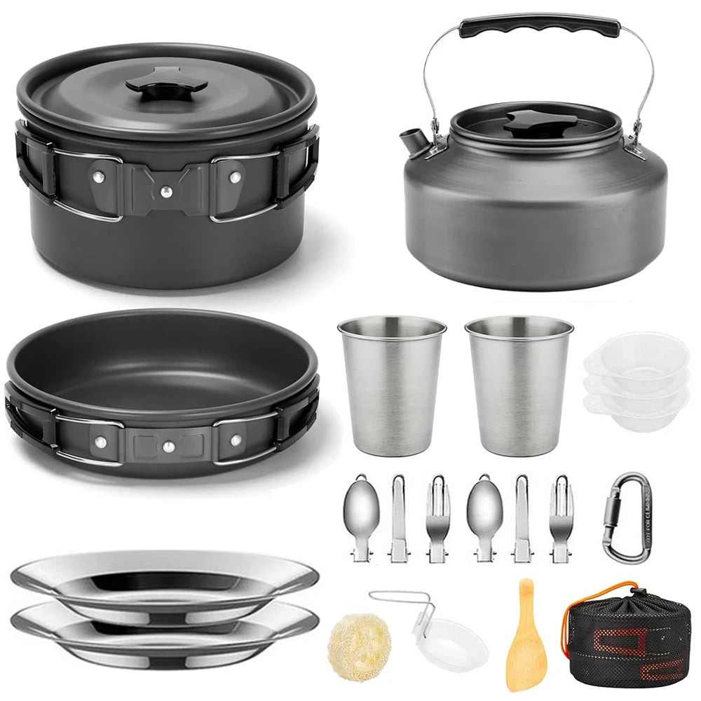Camping Cookware Mess Kit, Lightweight Pot Pan Kettle Set with Cups Plates Forks Knives Spoons.