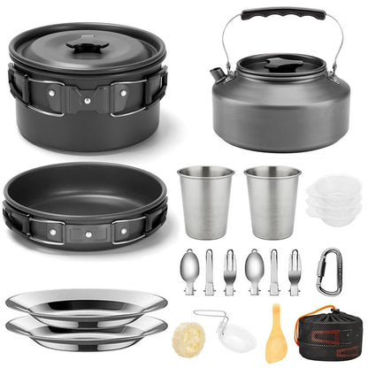 Camping Cookware Mess Kit, Lightweight Pot Pan Kettle Set with Cups Plates Forks Knives Spoons.