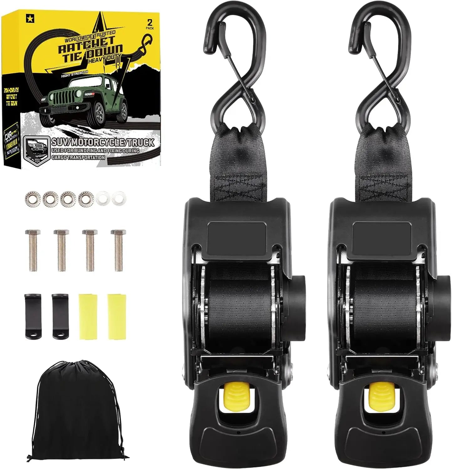 2PCS Retractable Ratchet Straps Heavy Duty Transom Tie Downs2x4ft for Boat Trailer with Brackets Bolts Set 2200LBS Break Strength