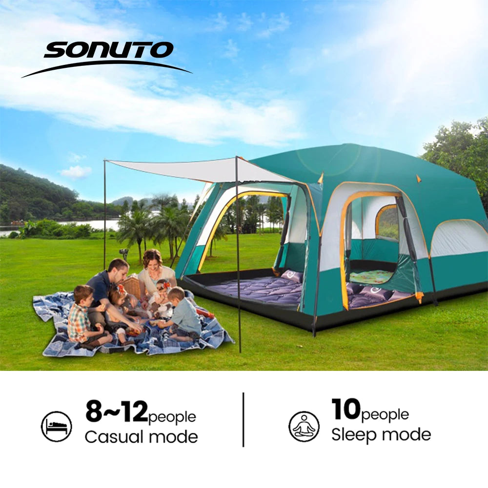 Large Family Tent 8-12 Person 2 Room Windproof with Sun Protection Mosquito Net, Instant Setup Outdoor Camping Tent for 4 Seasons.