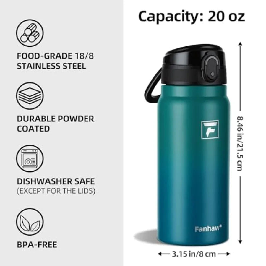 20 Oz Insulated Stainless Steel Water Bottle with Chug Lid Wide Mouth Leak-Proof BPA-Free.