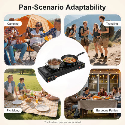 2-Burner Portable Camping Stove Butane Camping Stove Kit w/Baking Pan and Carrying Case.