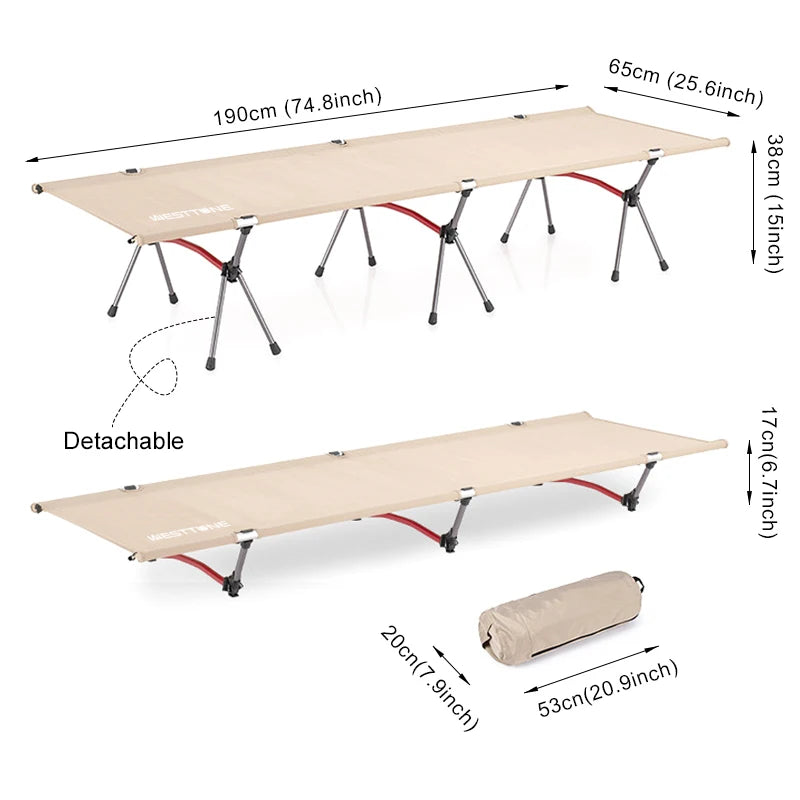 WESTTUNE Camping Cot with Leg Extenders Portable Folding Bed Ultralight Aluminum Alloy Sleeping cot,