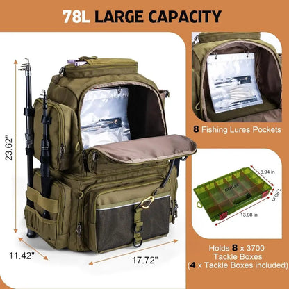 78L Waterproof Fishing Backpack with 4 Tackle Boxes, Cooler, Rod Holders, 8 Lure Pockets, Rain Cover.