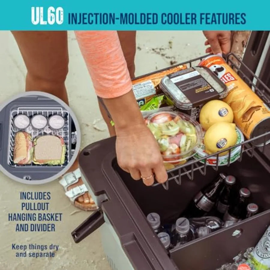 60 QT Ultra-Light Injection Molded Cooler. Keeps Ice up to 7 Days - Large Cooler Includes Wire Basket Divider.