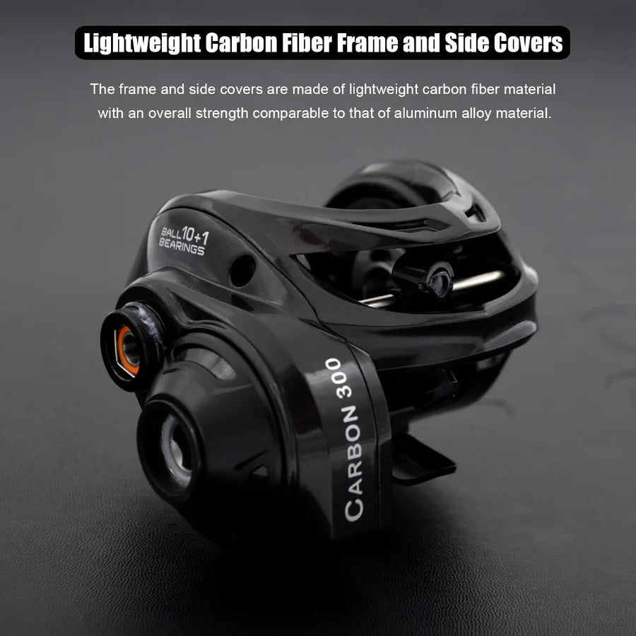 Carbon 300 Baitcasting Fishing Reel High Line Capacity Baitcaster Reels 6.3:1 Gear Ratio 10+1 Stainless Steel Ball Bearings.