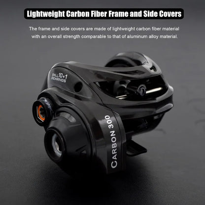 Carbon 300 Baitcasting Fishing Reel High Line Capacity Baitcaster Reels 6.3:1 Gear Ratio 10+1 Stainless Steel Ball Bearings.