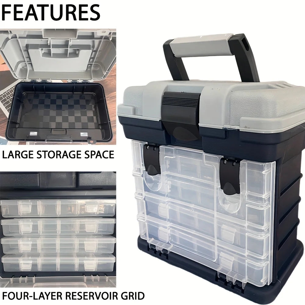 A portable four-layer tackle box.