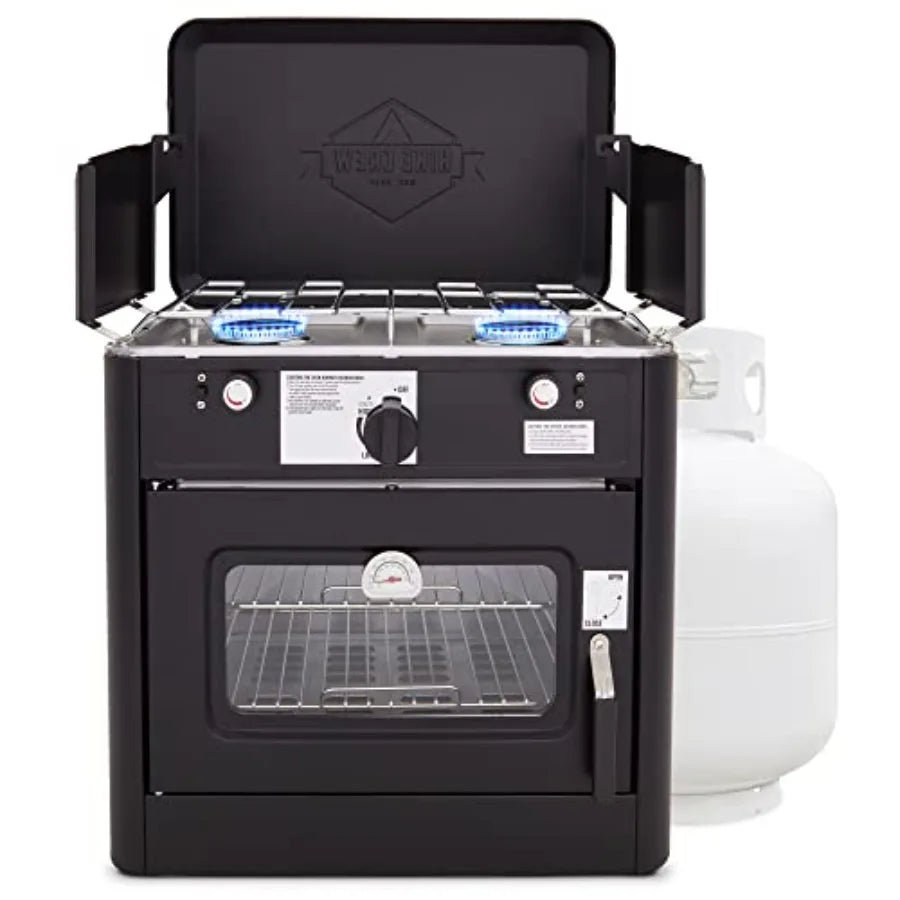 Outdoor Gas Camping Oven w/Carry Bag CSA Approved Portable Propane-Powered 2-Burner Stove with Auto Ignition and Overheat Safety.