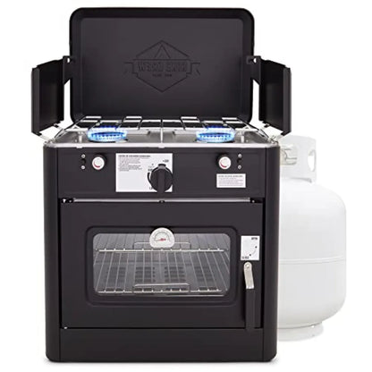 Outdoor Gas Camping Oven w/Carry Bag CSA Approved Portable Propane-Powered 2-Burner Stove with Auto Ignition and Overheat Safety.