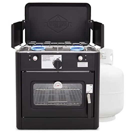 Outdoor Gas Camping Oven w/Carry Bag CSA Approved Portable Propane-Powered 2-Burner Stove with Auto Ignition and Overheat Safety.