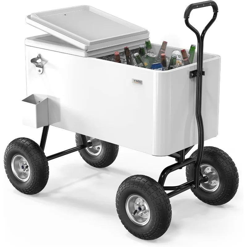 VINGLI 80 Quart Wagon Rolling Cooler Ice Chest, w/Long Handle and 10" Wheels.