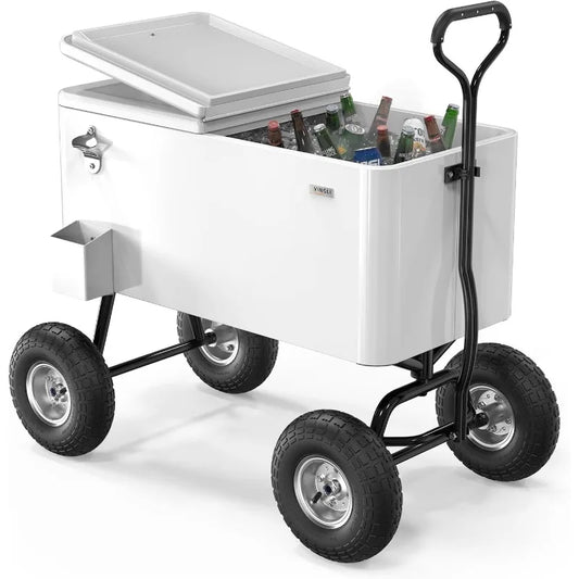 VINGLI 80 Quart Wagon Rolling Cooler Ice Chest, w/Long Handle and 10" Wheels.