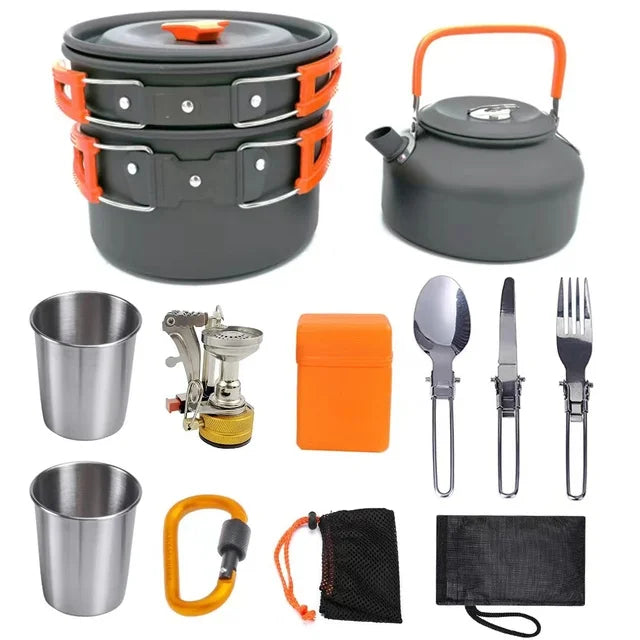 Aluminum Outdoor Camping Cookware Set with Mesh Bag.