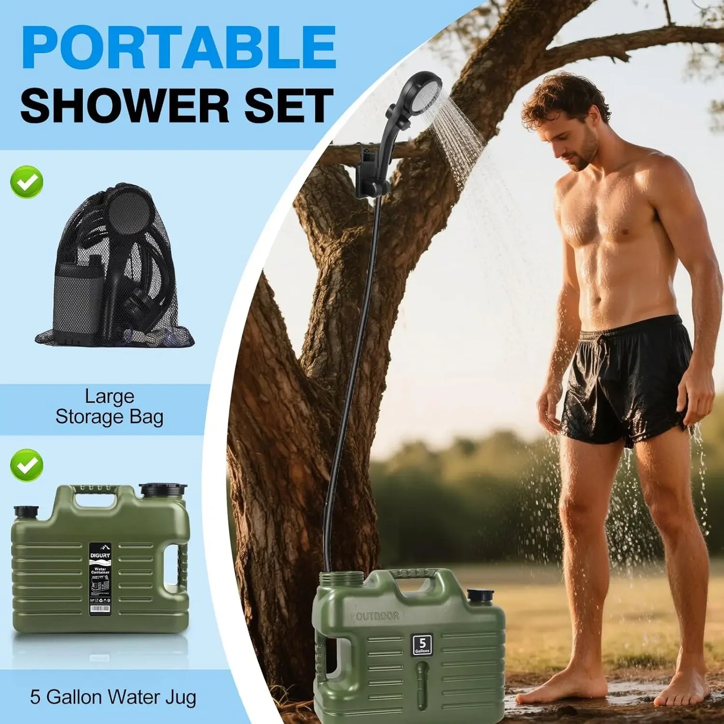 Portable Camping Shower with 5 Gallon Water Jug, 6000 mAh Rechargeable.