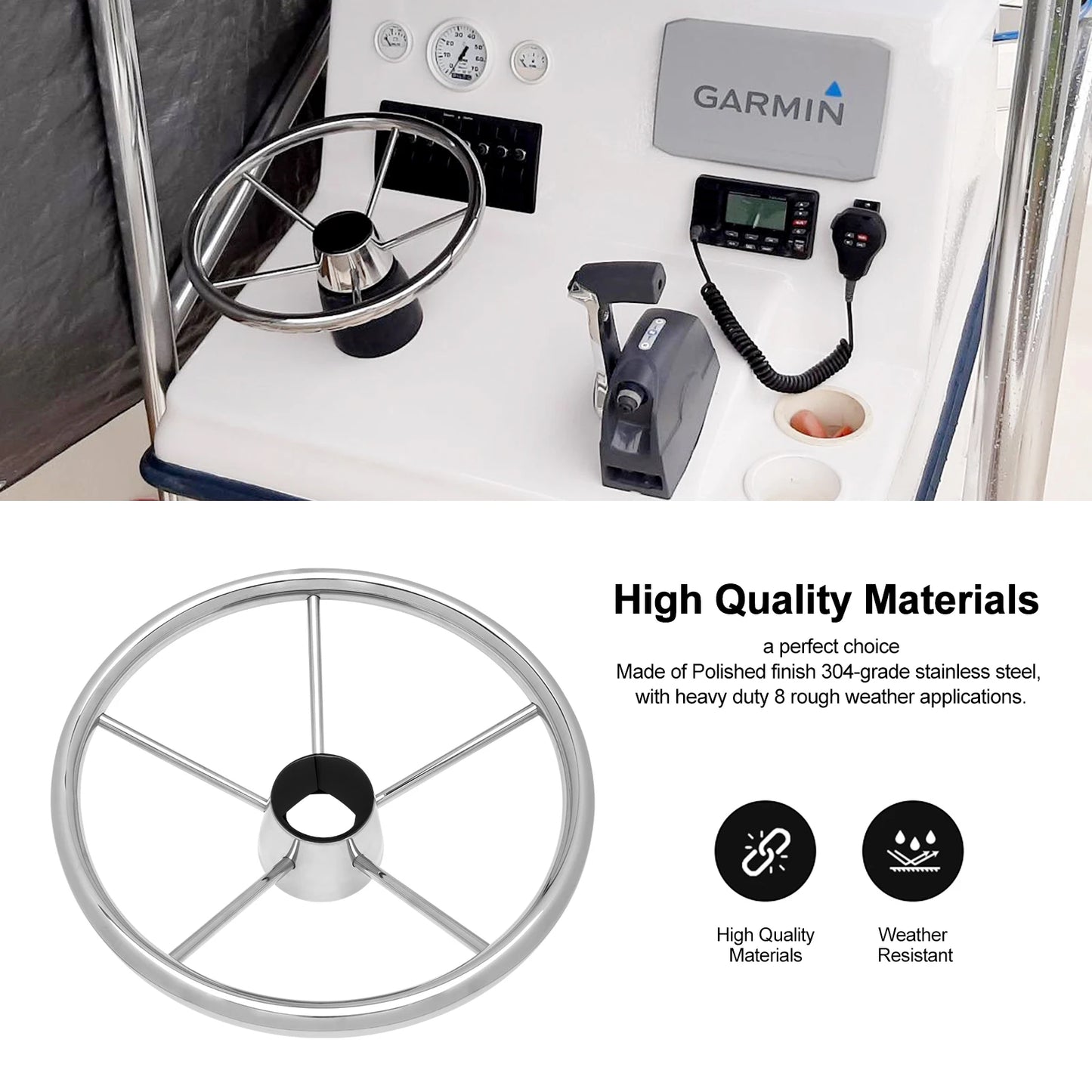 13.5'' Stainless Steel Marine Boat Steering Wheel, 5-Spoke Design with 25° Dish Angle