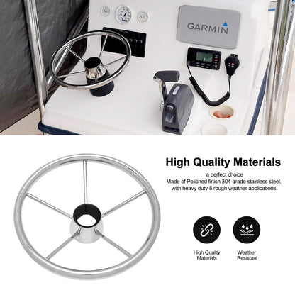 13.5'' Stainless Steel Marine Boat Steering Wheel, 5-Spoke Design with 25° Dish Angle