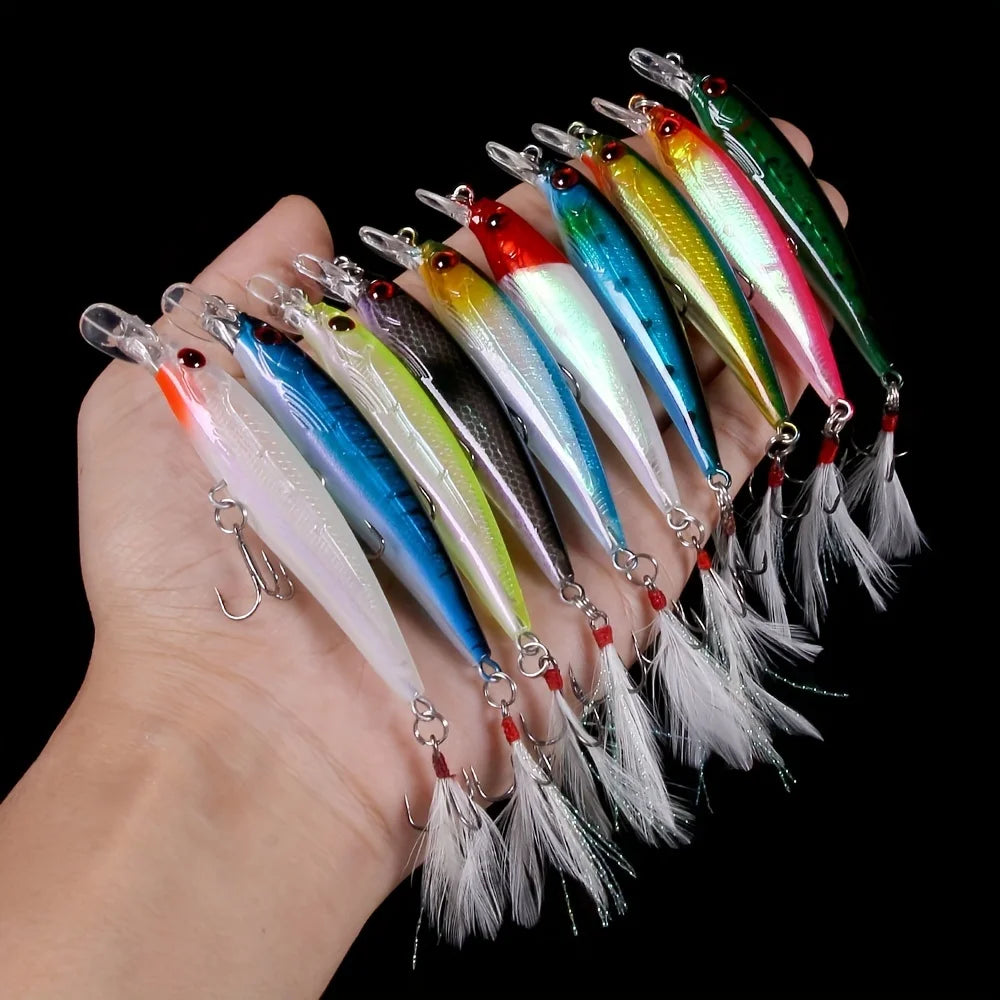 10pcs  Fishing Lures Set with Feathered Hooks.