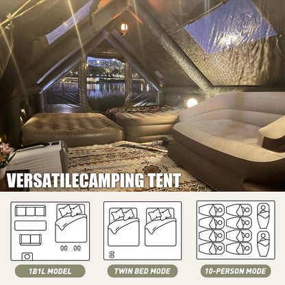 Army Green Waterproof Windproof Inflatable Tent for Camping,4 Season Air Glamping Tent House with Chimney Opening,AC Vent.