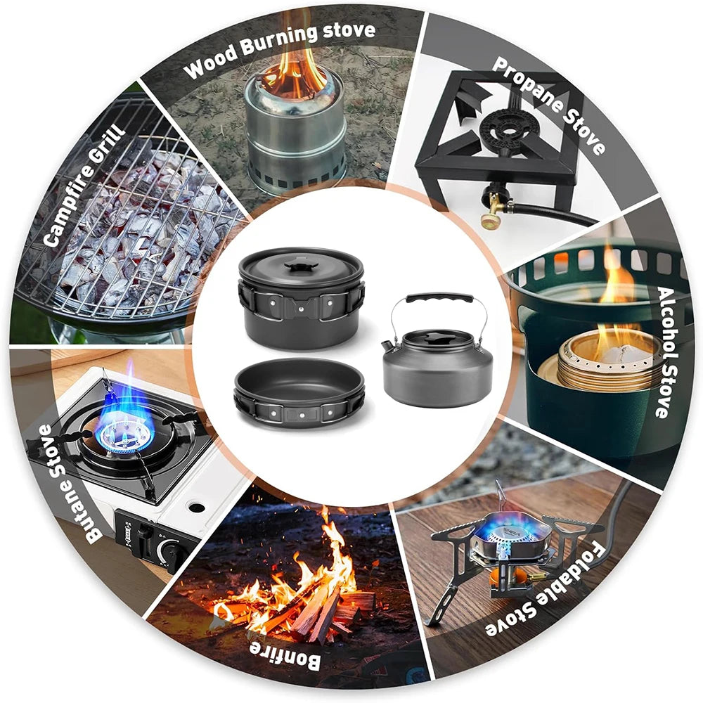 Camping Cookware Mess Kit, Lightweight Pot Pan Kettle Set with Cups Plates Forks Knives Spoons.