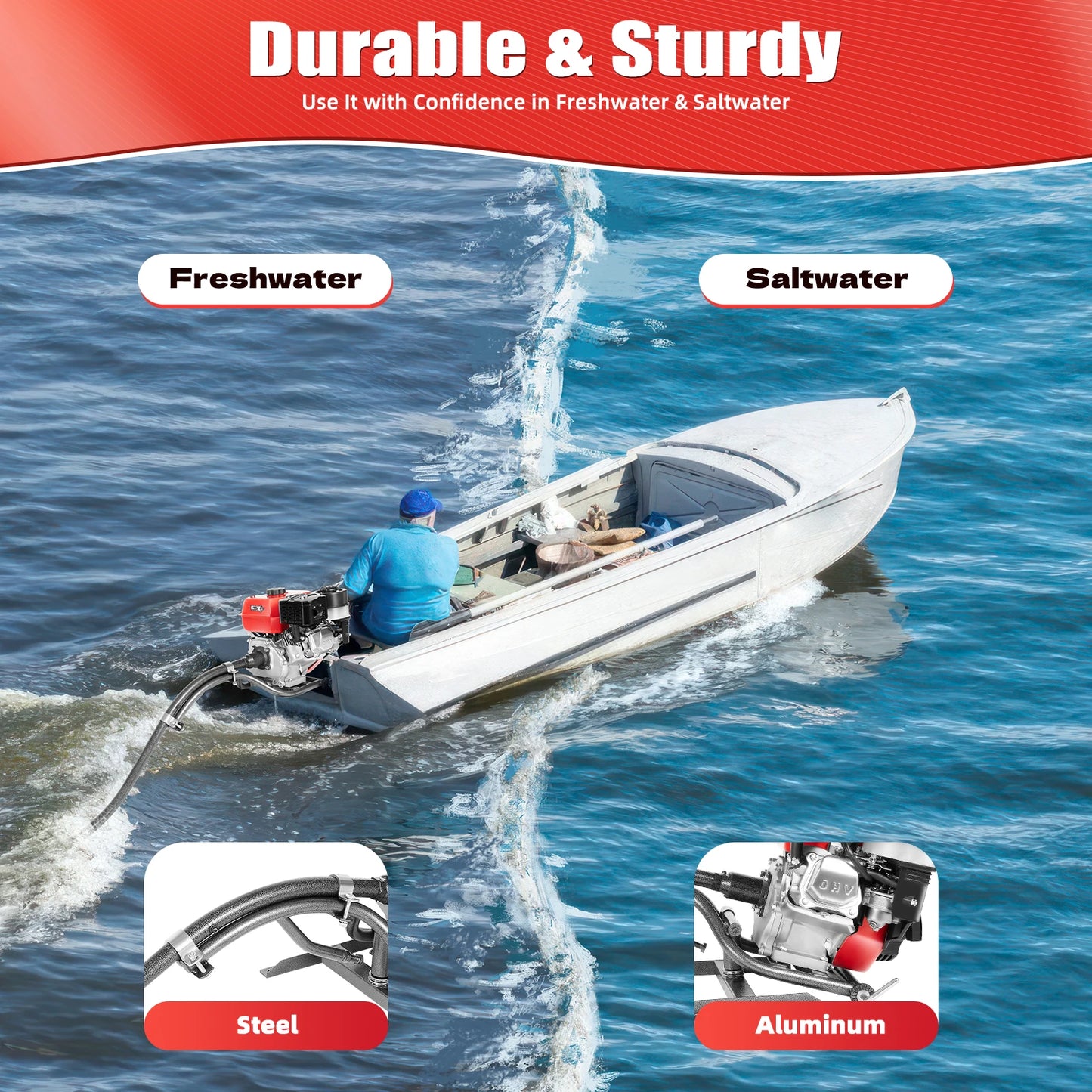 7.5HP 4 Stroke Outboard Motor, 212CC 4KW Heavy Duty Gasoline Fishing Boat Engine Manual Start TCI Air-Cooling System.
