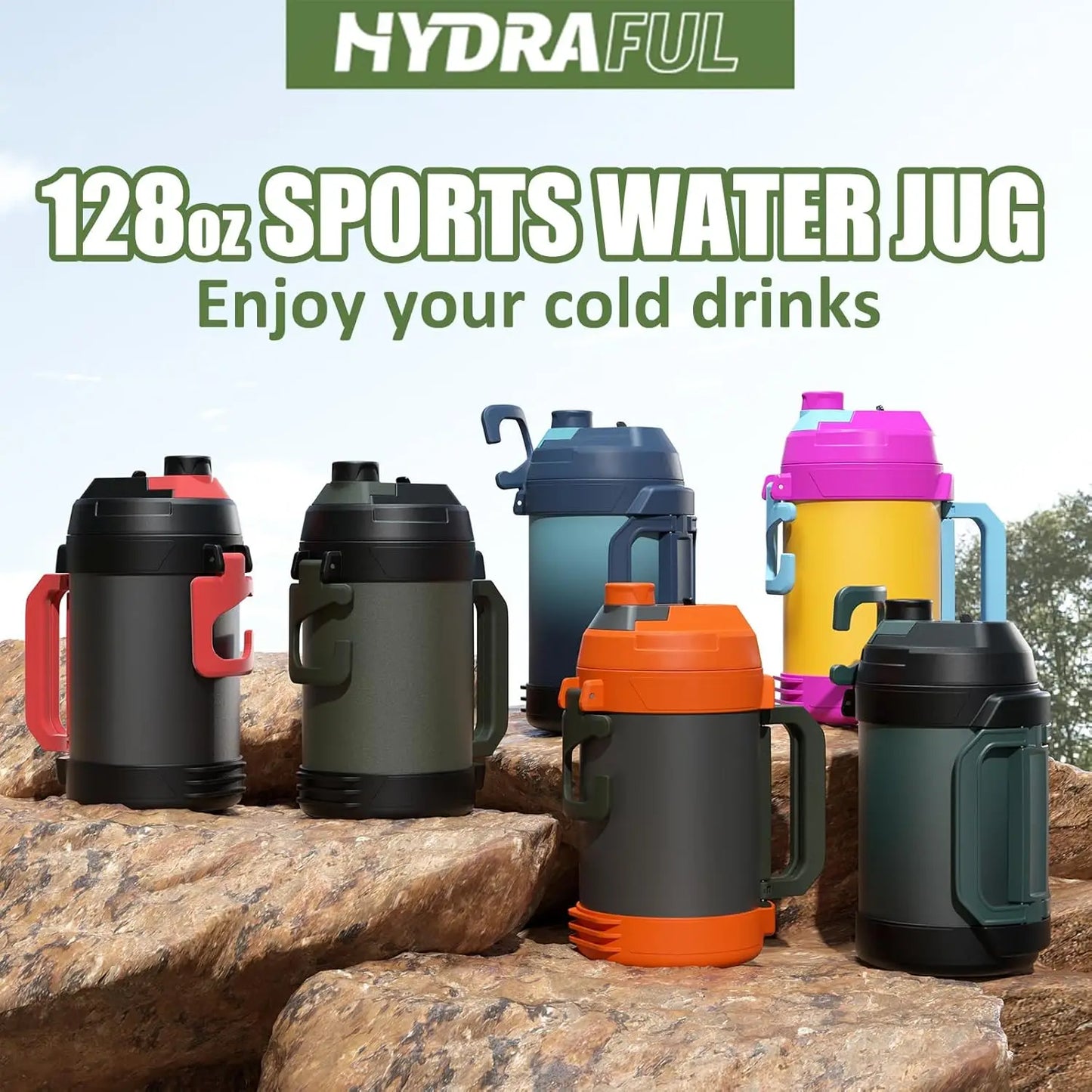 128oz Insulated Stainless Steel Sports Water Jug, Triple Wall Vacuum Keeps Cold 48 Hrs, Sweat Proof for Gym Hiking Camping.