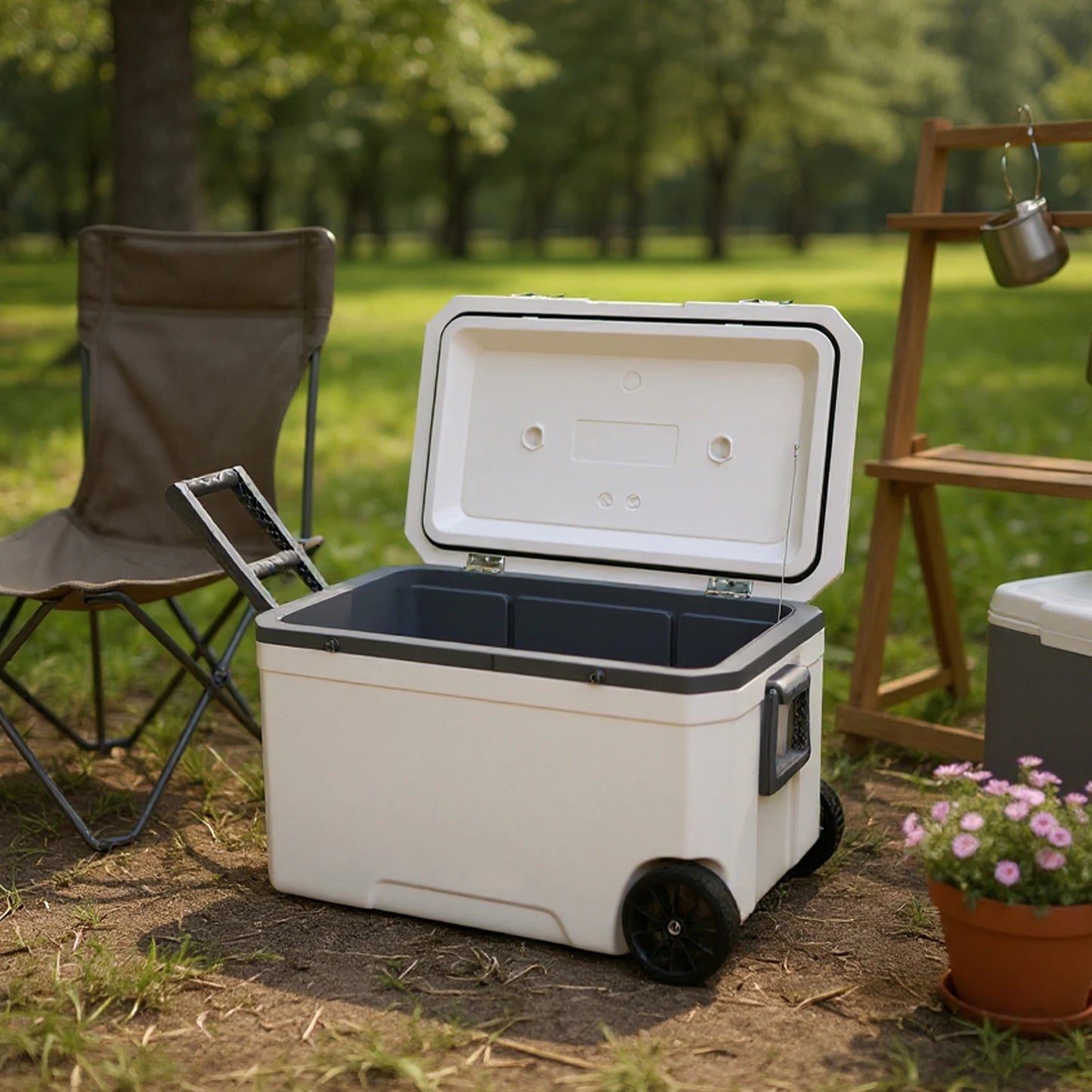 70L Wheeled Cooler with Cup Holder Hard Shell for Beach Camping (Light Grey)