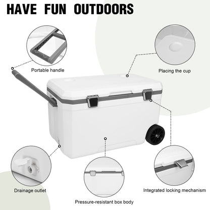 70L Wheeled Cooler with Cup Holder Hard Shell for Beach Camping (Light Grey)
