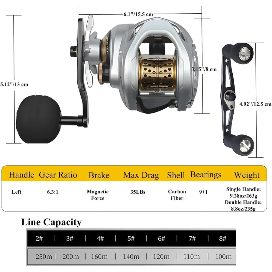 Baitcasting Fishing Reel with 35lbs Max Drag and Carbon Fiber Construction for Enhanced Durability featuring 9+1BB.