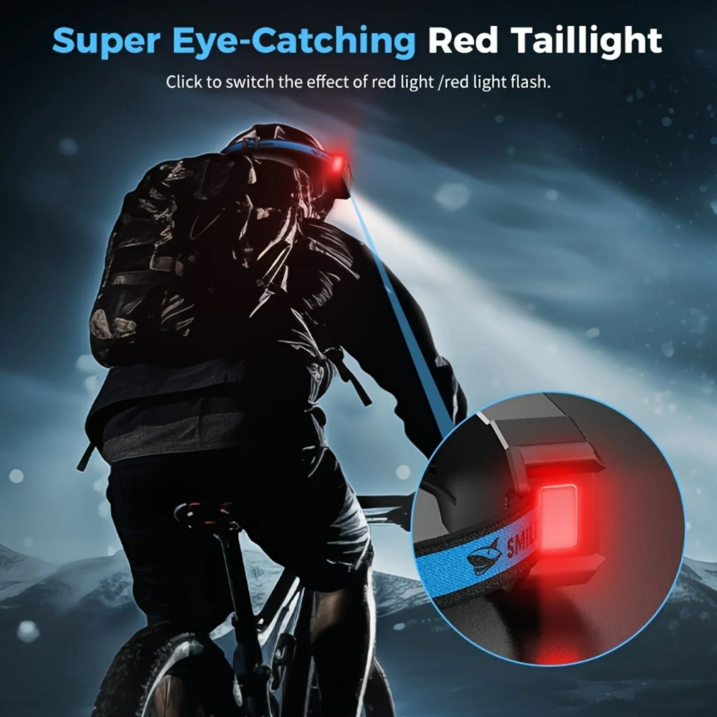 Smiling Shark Rechargeable Headlamp with 7*Bright White Lights, 270° Motion Sensor, 6 Versatile Modes, and Red Tail Light.
