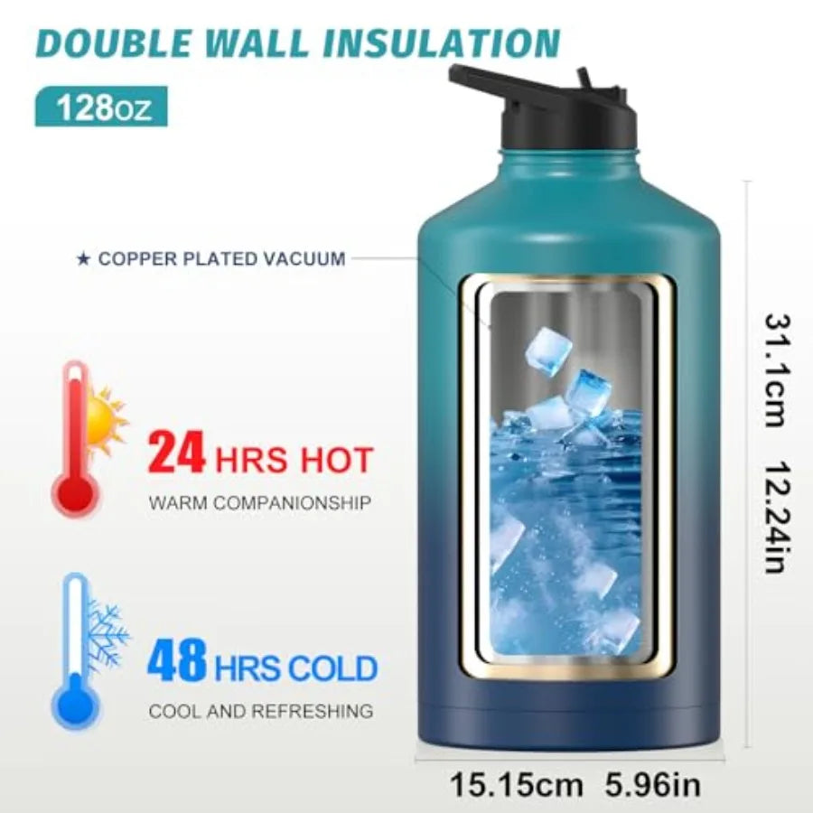 1 Gallon Insulated Water Bottle BPA Free Leak Proof 128oz Stainless Steel Large Water Jug with Straw Spout Lid Gradient Blue.