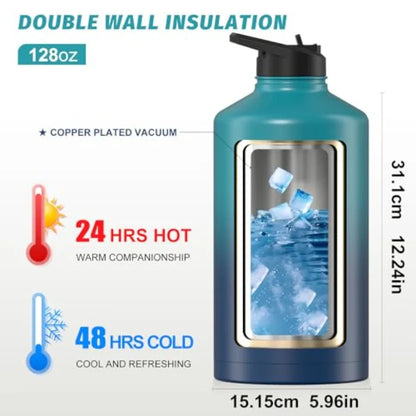 1 Gallon Insulated Water Bottle BPA Free Leak Proof 128oz Stainless Steel Large Water Jug with Straw Spout Lid Gradient Blue.