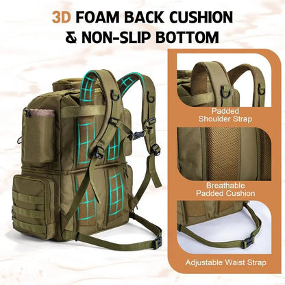 78L Waterproof Fishing Backpack with 4 Tackle Boxes, Cooler, Rod Holders, 8 Lure Pockets, Rain Cover.