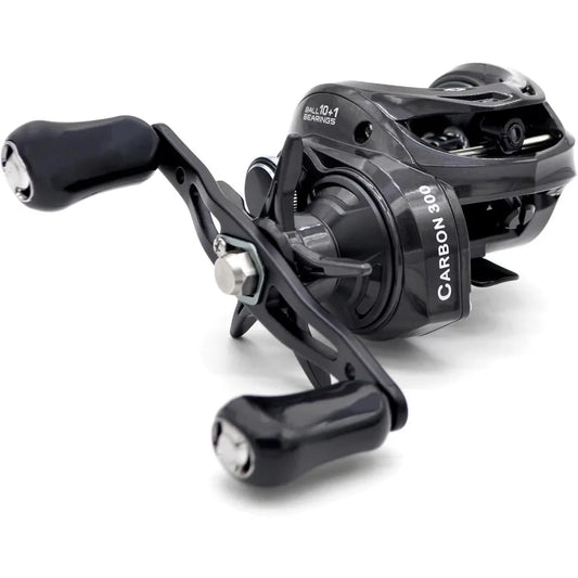 Carbon 300 Baitcasting Fishing Reel High Line Capacity Baitcaster Reels 6.3:1 Gear Ratio 10+1 Stainless Steel Ball Bearings.