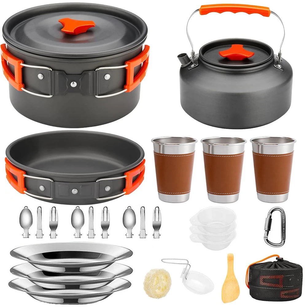 Camping Cookware Mess Kit, Lightweight Pot Pan Kettle Set with Cups Plates Forks Knives Spoons.