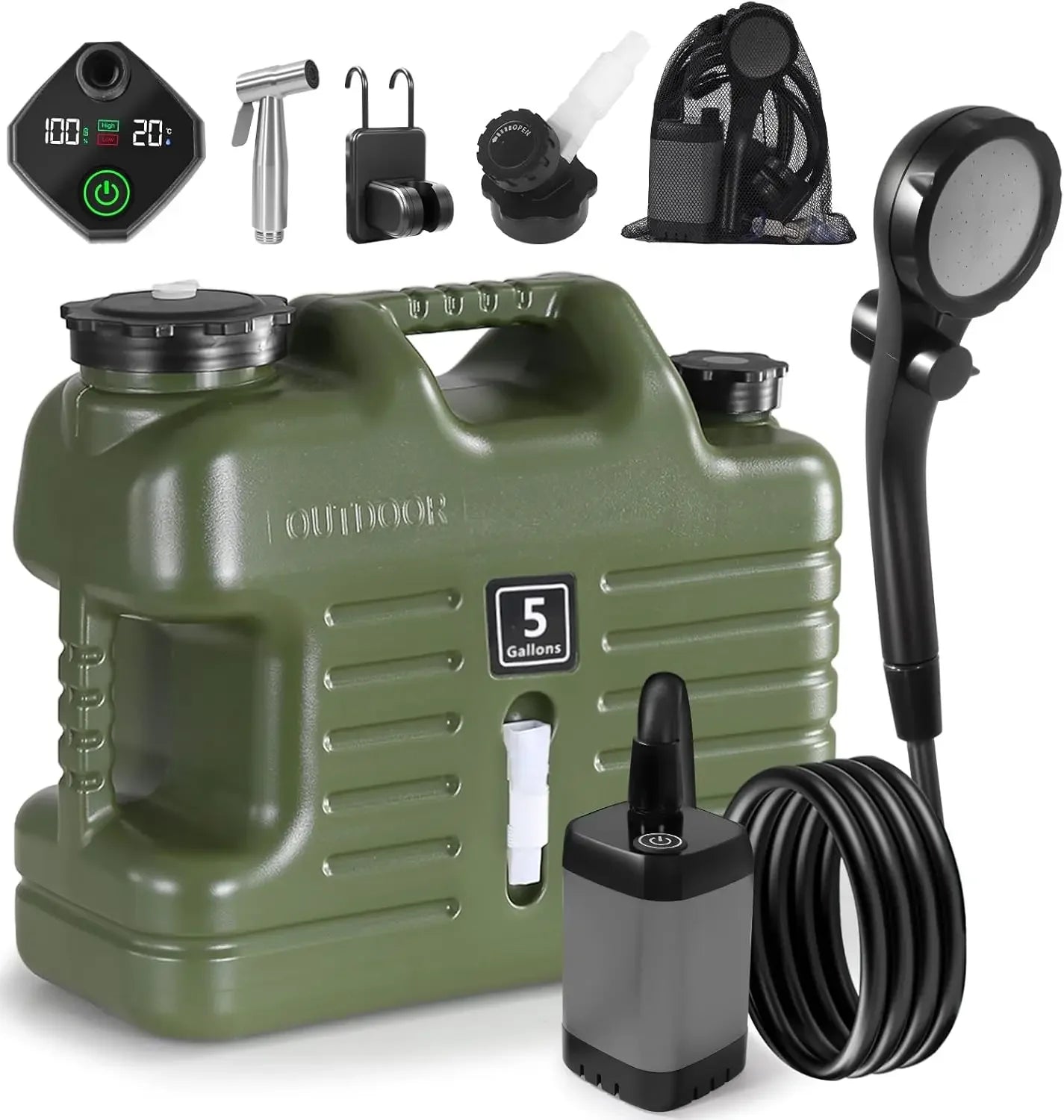 Portable Camping Shower with 5 Gallon Water Jug, 6000 mAh Rechargeable.
