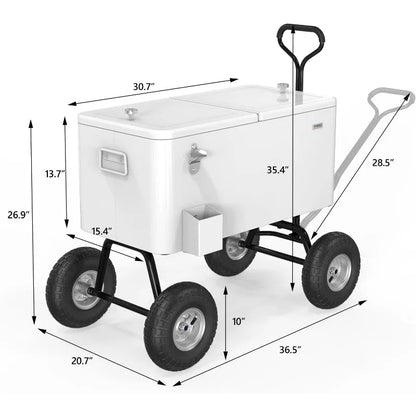 VINGLI 80 Quart Wagon Rolling Cooler Ice Chest, w/Long Handle and 10" Wheels.