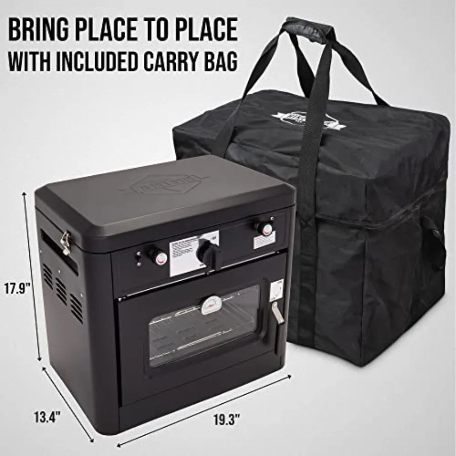 Outdoor Gas Camping Oven w/Carry Bag CSA Approved Portable Propane-Powered 2-Burner Stove with Auto Ignition and Overheat Safety.