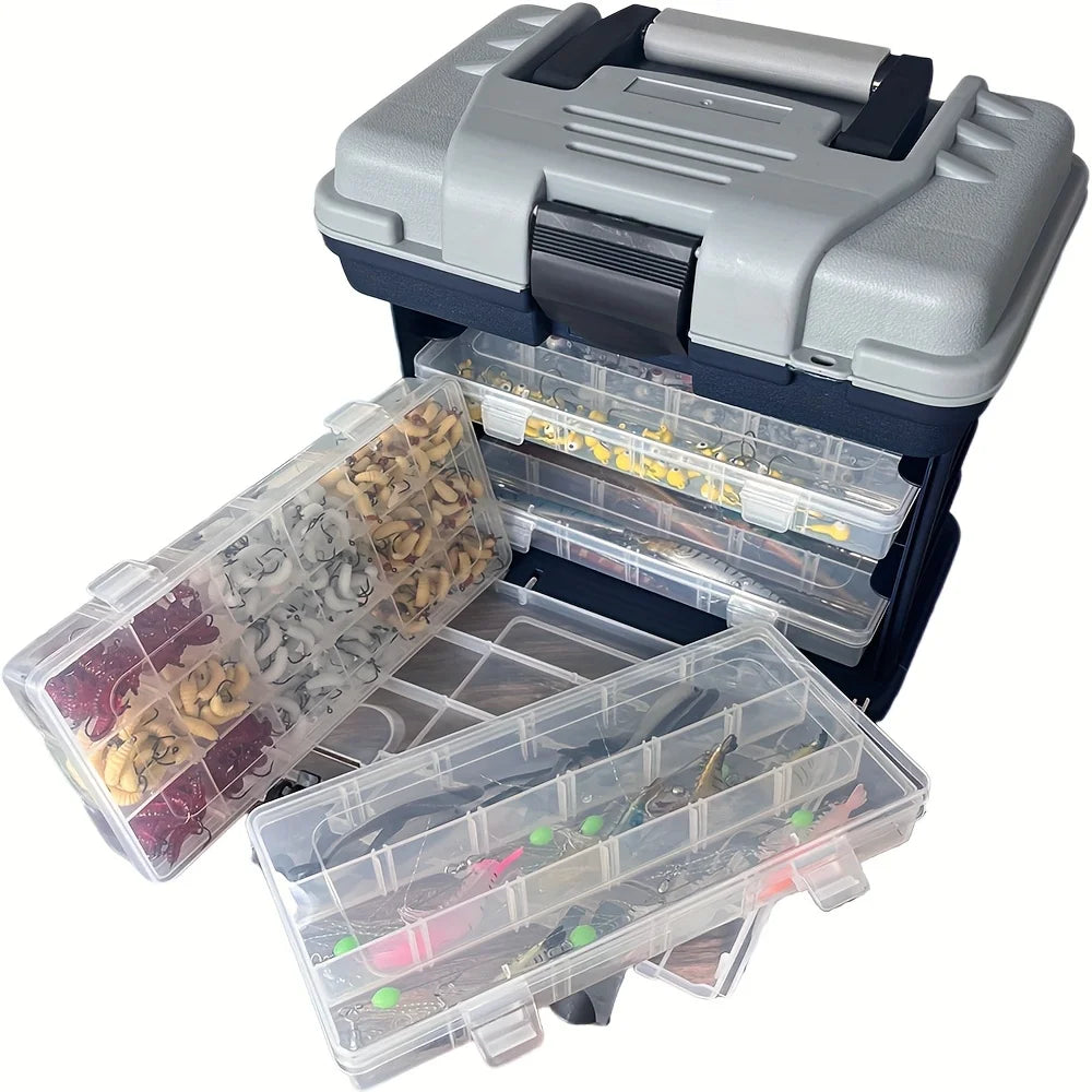 A portable four-layer tackle box.