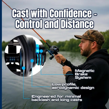 ProSpin Baitcasting Fishing Reel with Aluminum Frame and 6.8:1 Gear Ratio for Enhanced Casting Precision and Smooth Retrieval.