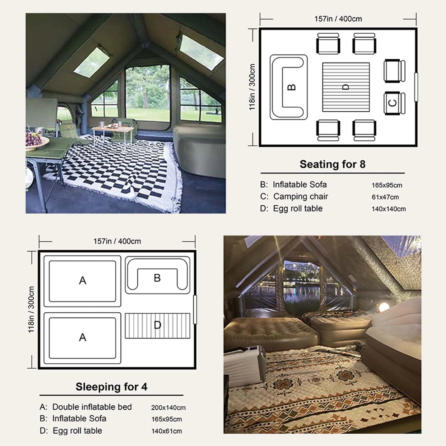 Army Green Waterproof Windproof Inflatable Tent for Camping,4 Season Air Glamping Tent House with Chimney Opening,AC Vent.