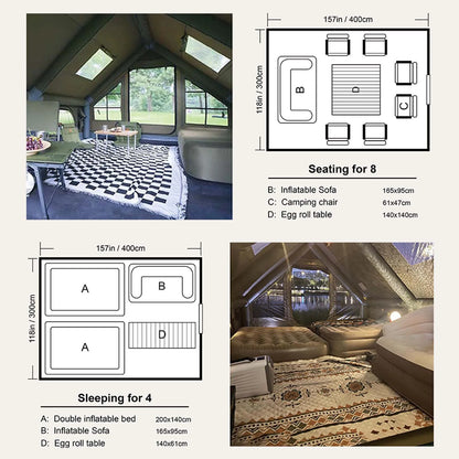 Army Green Waterproof Windproof Inflatable Tent for Camping,4 Season Air Glamping Tent House with Chimney Opening,AC Vent.