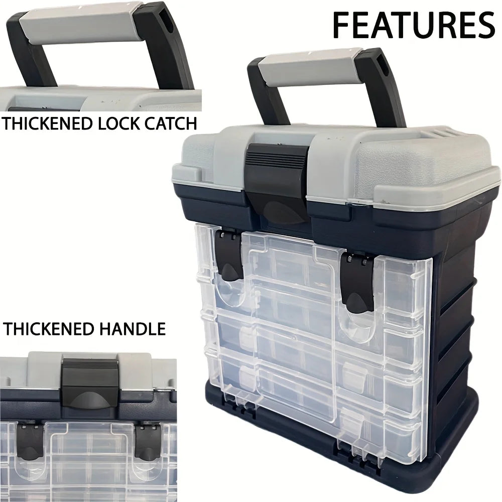 A portable four-layer tackle box.