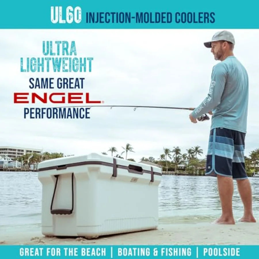 60 QT Ultra-Light Injection Molded Cooler. Keeps Ice up to 7 Days - Large Cooler Includes Wire Basket Divider.
