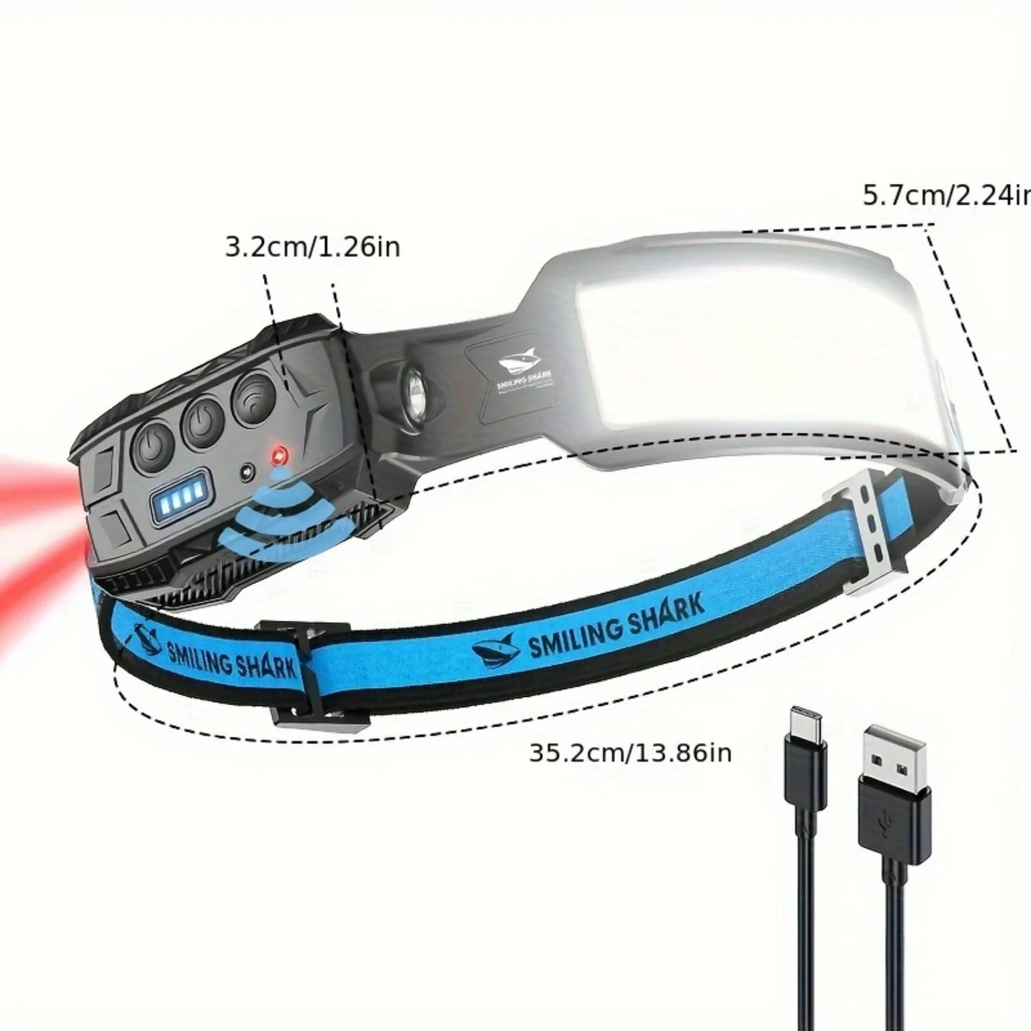 Smiling Shark Rechargeable Headlamp with 7*Bright White Lights, 270° Motion Sensor, 6 Versatile Modes, and Red Tail Light.